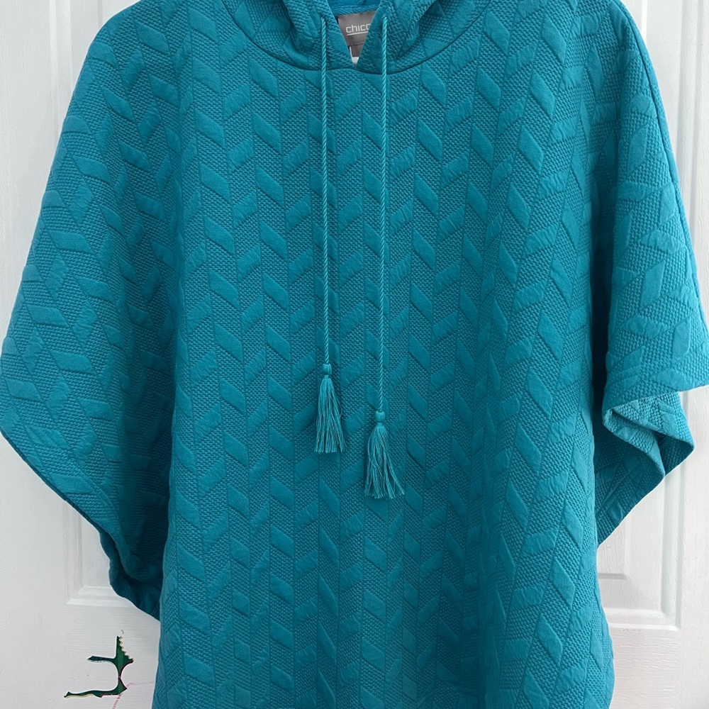 Chico’s Teal Textured Poncho with Tassels